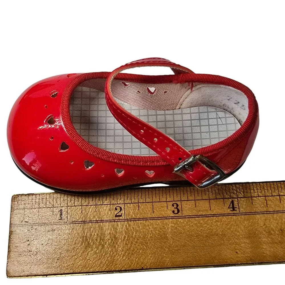 VTG Red Patent Leather Look Baby Girl Mary Jane Shoes Heart Cutouts Buckle USA